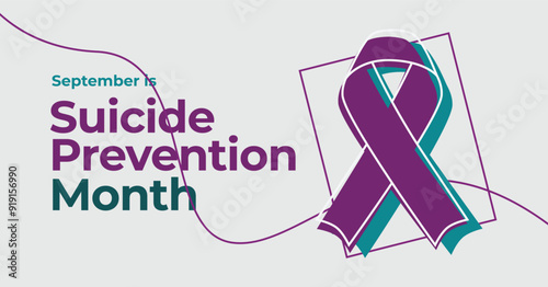 September is Suicide Prevention Month in purple and teal colors. Stylized awareness ribbon. Minimalist design with geometric elements and clean lines.