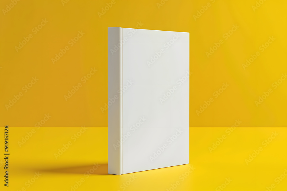 3D-rendered blank white book cover standing on vibrant yellow background with clean lines and a minimalist aesthetic 3D-rendered blank white book cover standing on vibrant yellow background with clean lines and a minimalist aesthetic