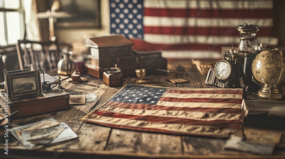 A rustic wooden table set with an antique American flag as the centerpiece, surrounded by vintage objects and memorabilia, creating a scene that evokes the history and heritage of the country A rustic wooden table set with an antique American flag as the centerpiece, surrounded by vintage objects and memorabilia, creating a scene that evokes the history and heritage of the country