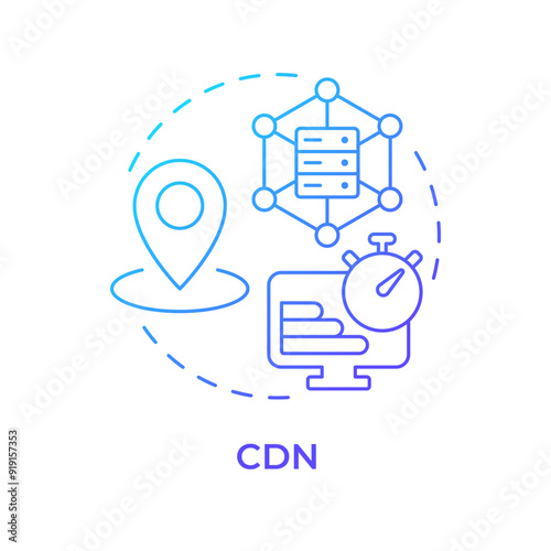 CDN blue gradient concept icon. Content delivery network. Dedicated servers, technology infrastructure. Round shape line illustration. Abstract idea. Graphic design. Easy to use in infographic