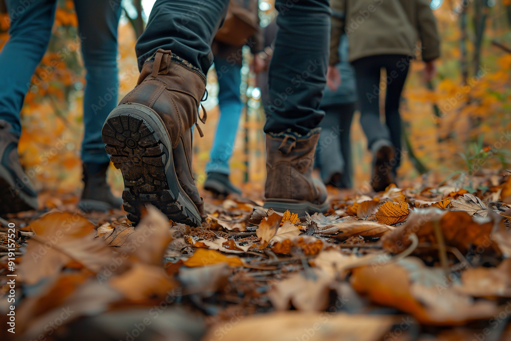 Two people walking in the woods with their feet in the leaves generative ai. Two people walking in the woods with their feet in the leaves generative ai.