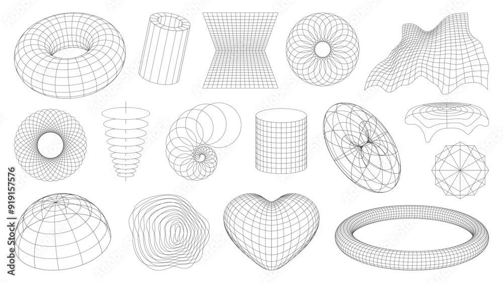 Naklejka premium 3d wireframe shapes, brutal perspective grid, retro tech mesh abstract geometric figures. Vector wireframe sphere, globe, torus and heart, wave and spiral grid, cylinder, tunnel and polygon shape mesh