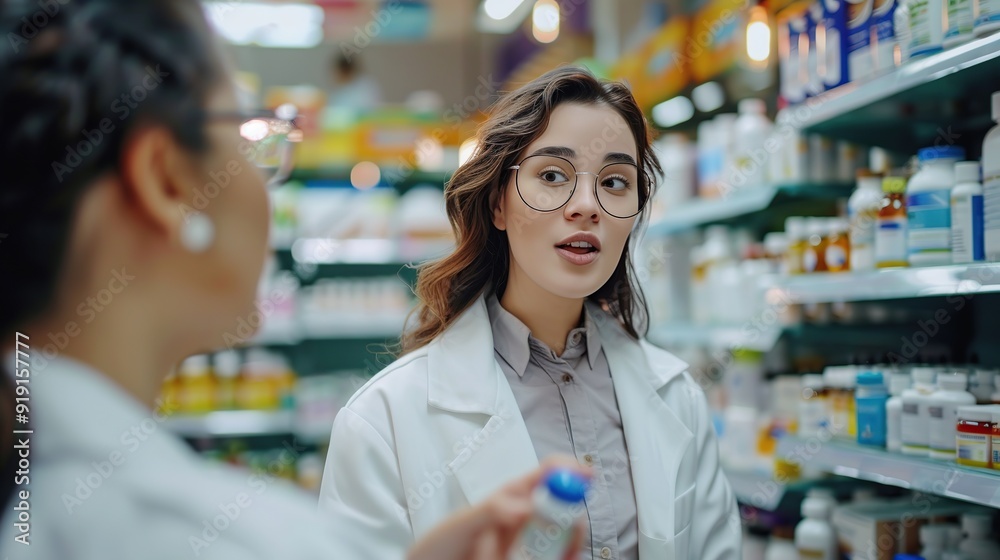 beautiful young pharmacist assists woman in buying medicine in pharmacy. copy space for text. beautiful young pharmacist assists woman in buying medicine in pharmacy. copy space for text.