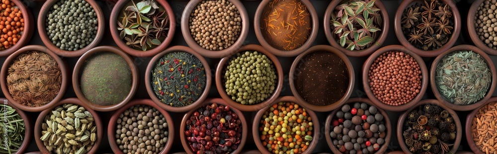 Colorful spice and herb pattern in small brown pots, high-resolution, ultra-realistic 3D rendering. Colorful spice and herb pattern in small brown pots, high-resolution, ultra-realistic 3D rendering.