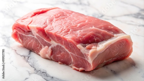 Freshly cut raw pork fillet lies on a white marble surface, showcasing its tender pink meat and creamy white fat, awaiting culinary preparation. photo