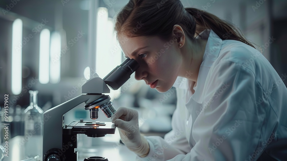 Beautiful female scientist looking through microscope while working in laboratory. copy space for text.
