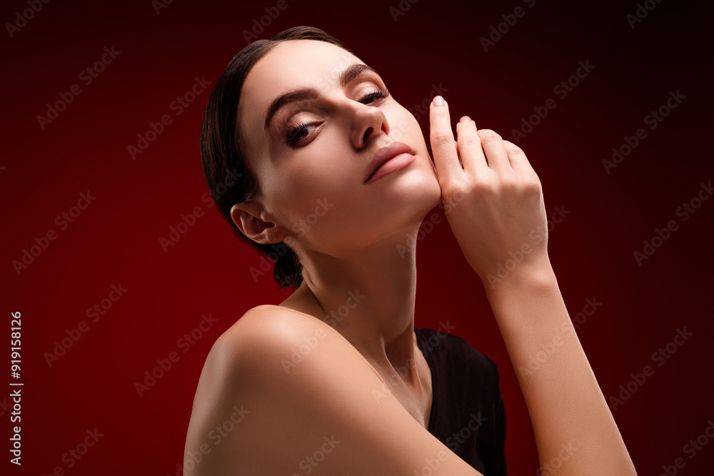 Fototapeta premium Photo of gorgeous chic girl look feel tempting touch face isolated red color background
