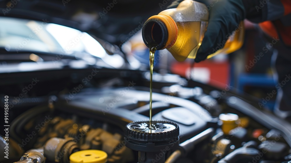 Fototapeta premium Closeup of Hand mechanic pours motor oil while doing car engine maintenance at auto repair shop. copy space for text.