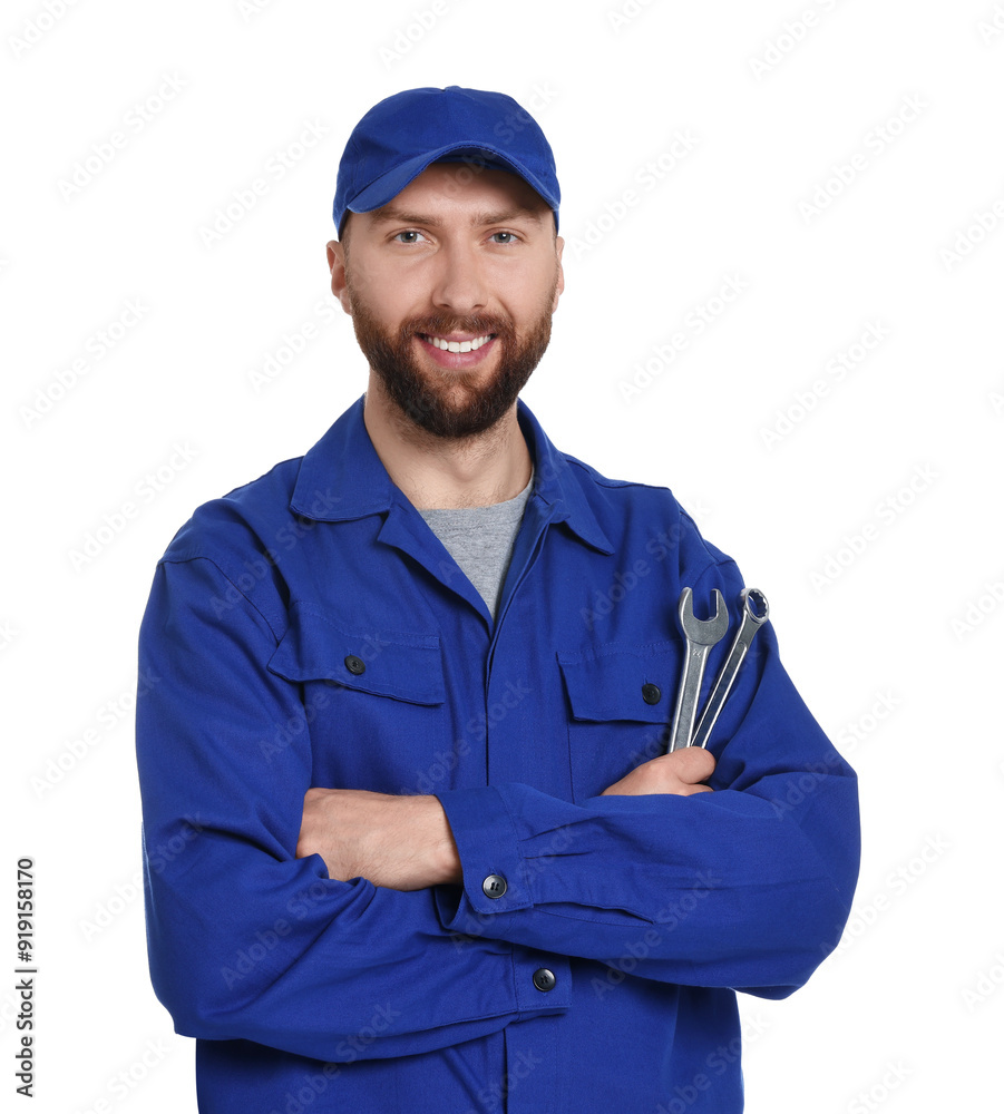 Professional auto mechanic with tools on white background Professional auto mechanic with tools on white background