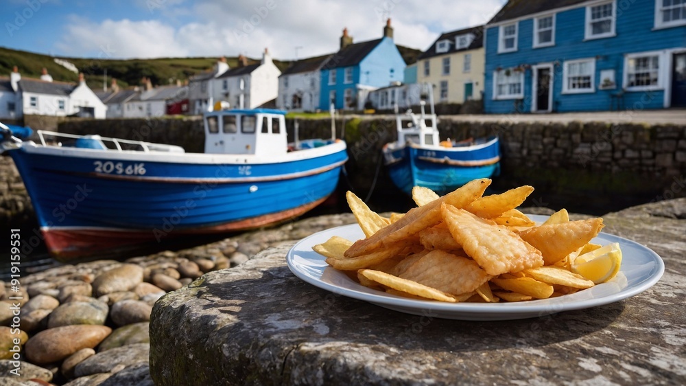 Fototapeta premium Fish and chips. British dish, battered cod with potatoes, plate in Cornwall