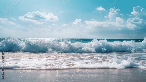 Foamy Ocean Waves Crashing on a Sandy Beach Under a Blue Sky with Puffy Clouds