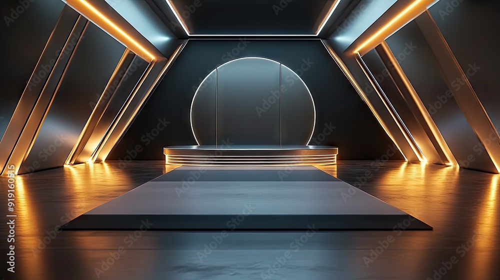 Fototapeta premium A modern, metallic podium with sharp lines and glowing details, ideal for logo displays in a futuristic environment.
