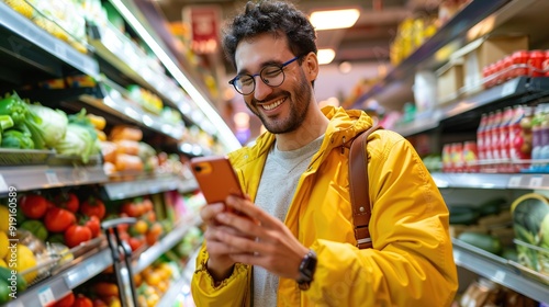Happy man using mobile phone app while buying groceries in supermarket and looking at camera. copy space for text.