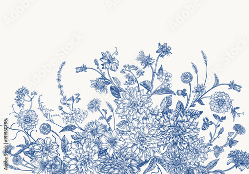 Vintage card with garden flowers in engraving style. Bouquet with chrysanthemums, dahlias, dogwood berries, zinnias, spikelets. Vector botanical detailed illustration. Blue
