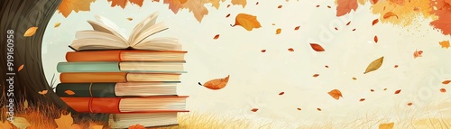 A stack of books amidst falling autumn leaves, creating a cozy and inviting atmosphere for reading.