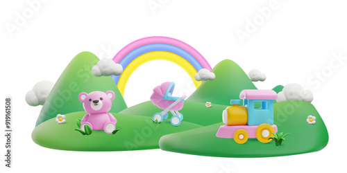 3D green grass playground with rainbow, clouds and flowers, vector summer nature hill or meadow with toys, baby stroller