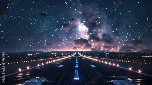 The glow of runway lights guiding planes towards the sky creating a mesmerizing contrast against the vast blanket of stars above. copy space for text.