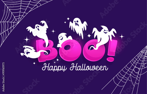 Halloween boo banner with cute kawaii ghost characters, vector horror holiday. Flying white phantom monster personages with scary faces, cobweb and stars. Halloween trick or treat night party card