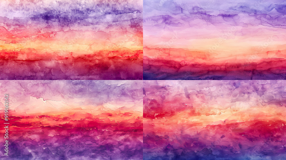 Watercolor gradient wash of a sunset sky, featuring dynamic purples and reds, seamless transitions, calming and picturesque effect Watercolor gradient wash of a sunset sky, featuring dynamic purples and reds, seamless transitions, calming and picturesque effect