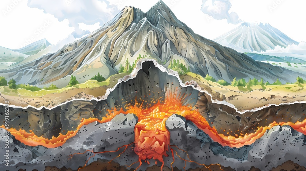 Cross-section illustration of a volcano showing the magma chamber, lava ...