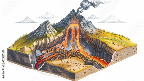 Cross-section illustration of a volcano showing the magma chamber, lava flow, and eruptive features