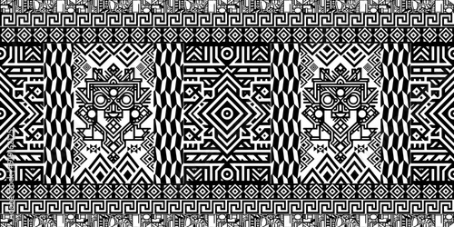 Intricate black and white geometric pattern with tribal and ancient motifs. Seamless vector design for textiles or wallpaper.