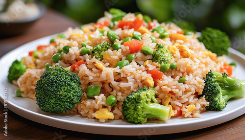 Delicious fried rice with vegetables and eggs on white plate photo