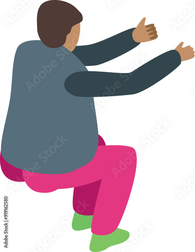 Young man is sitting and showing thumbs up gesture isometric icon