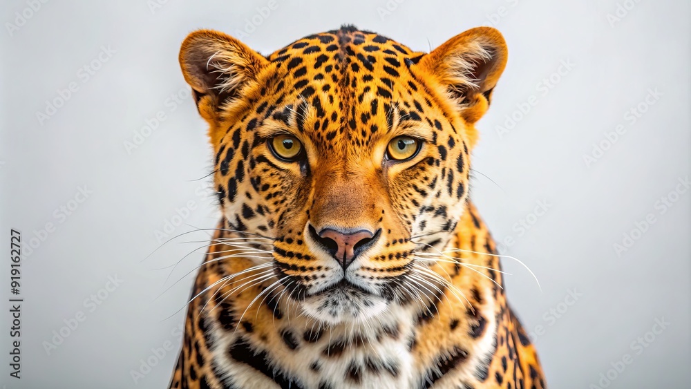 Full Leopard Majestic leopard with vibrant golden fur and dark spots stands alone on ...
