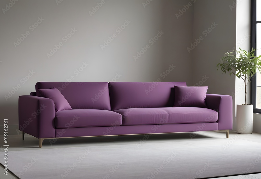 Fototapeta premium Modern living room interior with purple colour Sofa. Authentic home apartment interior with blank wall