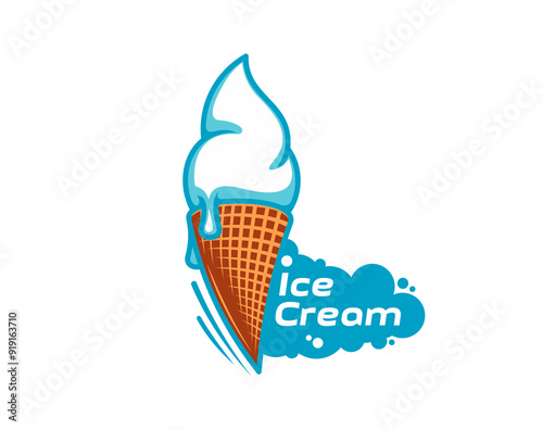 Ice cream waffle cone icon for gelato dessert and gelateria, vector emblem. Milky creamy soft ice cream in wafer cone with melt drop for frozen sweets and Italian gelato bar and icecream menu
