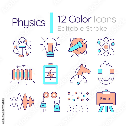 Physics RGB color icons set. School subject. Natural science. Stem education. Laboratory equipment. Isolated vector illustrations. Simple filled line drawings collection. Editable stroke