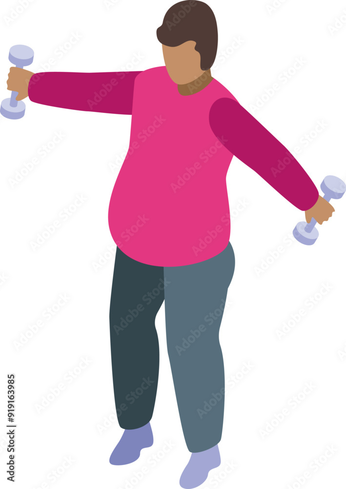Overweight man doing side lateral raise with dumbbells workout isometric icon Overweight man doing side lateral raise with dumbbells workout isometric icon