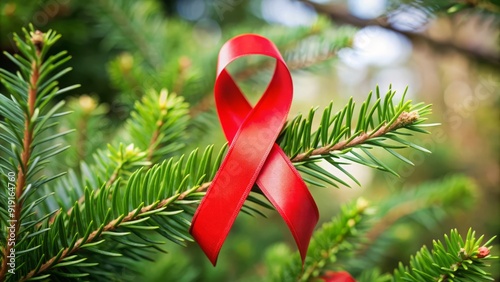 Red ribbon tied around a tree branch, surrounded by evergreen leaves, symbolizing hope, support, and solidarity on World AIDS Day. photo