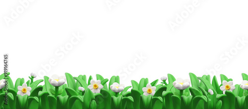 Green grass and daffodils seamless border 3D plastic style vector illustration, blossom spring flowers and field leaves