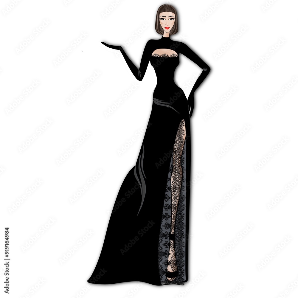 Fashion illustration on a white background Woman in an evening black dress. Outfit for Halloween
Fashion illustration on a white background Woman in an evening black dress. Outfit for Halloween