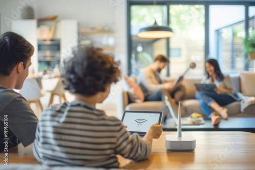 Family Using Multiple Devices Connected to Smart Wi-Fi Router in Stylish Modern Living Room