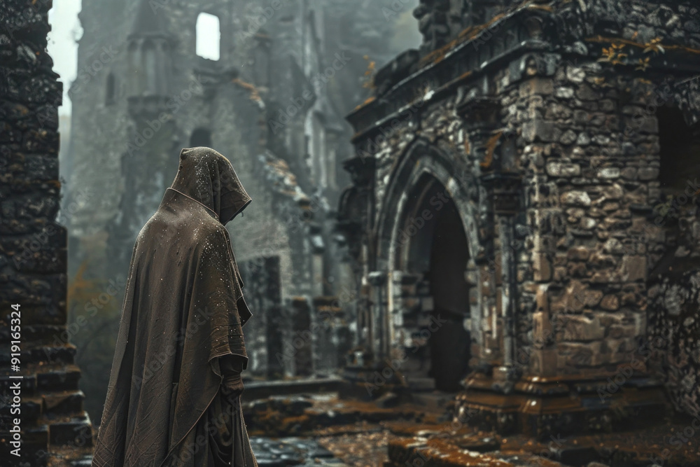Ghostly Monk in Hooded Robe Haunts Ancient Monastery Ruins at Twilight with Eerie, Partially Transparent Figure Blending Into Crumbling Stone Walls Ghostly Monk in Hooded Robe Haunts Ancient Monastery Ruins at Twilight with Eerie, Partially Transparent Figure Blending Into Crumbling Stone Walls