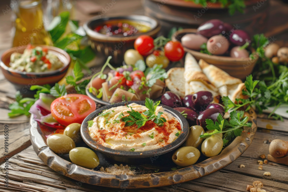 Turkish Meze Platter Selection of Small Dishes Including Hummus, Baba Ganoush, Dolmas, and Olives Garnished with Fresh Herbs on Rustic Table with Traditional Turkish Elements Turkish Meze Platter Selection of Small Dishes Including Hummus, Baba Ganoush, Dolmas, and Olives Garnished with Fresh Herbs on Rustic Table with Traditional Turkish Elements
