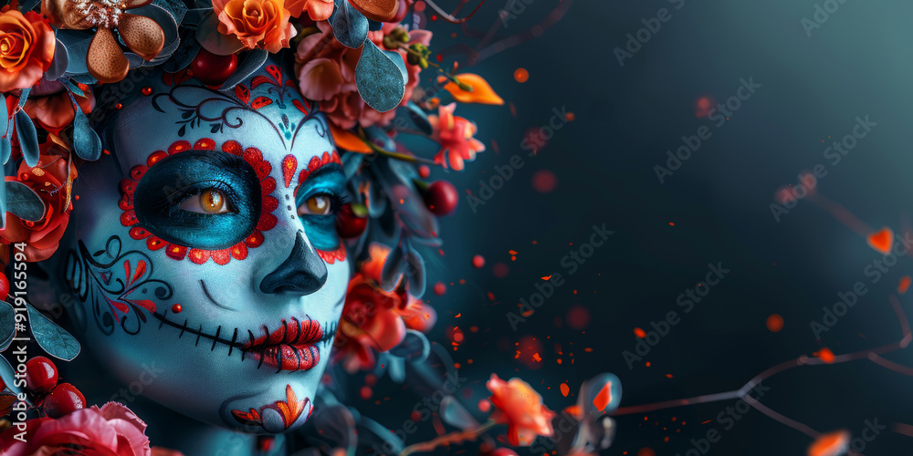 Woman dressed with sugar skull makeup and flowers celebrating Day of the Dead against a moody backdrop