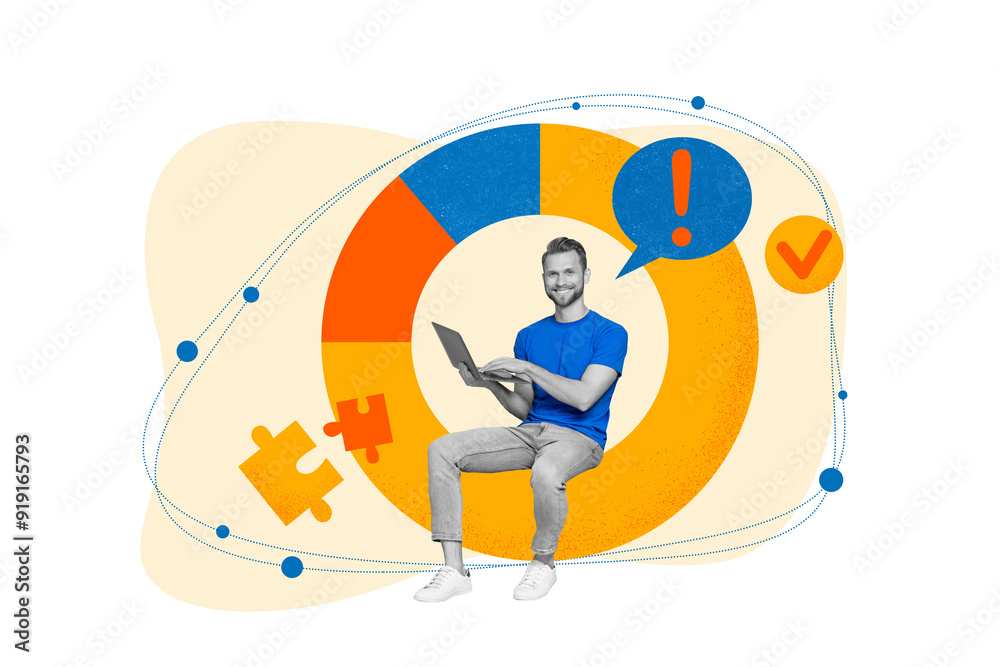 Obraz premium Poster picture image collage artwork of happy excited guy working wireless netbook solving task isolated on drawing background
