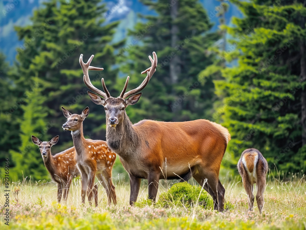 Three deer are standing in a grassy field, with one of them being a mother and her two offspring. The mother deer is the largest and has a prominent pair of antlers. The scene is peaceful and serene Three deer are standing in a grassy field, with one of them being a mother and her two offspring. The mother deer is the largest and has a prominent pair of antlers. The scene is peaceful and serene