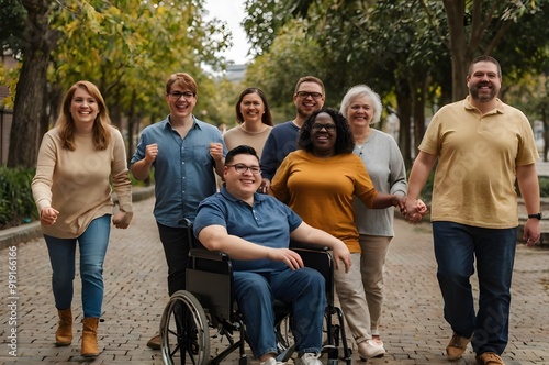 A group of people with disabilities celebrating diversity and multiculturalism, showcasing inclusivity and unity across different backgrounds.