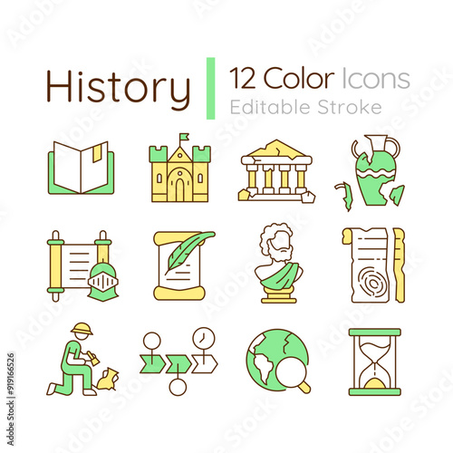 History RGB color icons set. School subject. Archeology and anthropology. Ancient times. Academic discipline. Isolated vector illustrations. Simple filled line drawings collection. Editable stroke