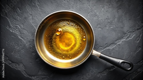 Sizzling hot pan filled with golden oil, viewed from directly above, with subtle sheen and gentle ripples, evoking a sense of savory culinary delight. photo