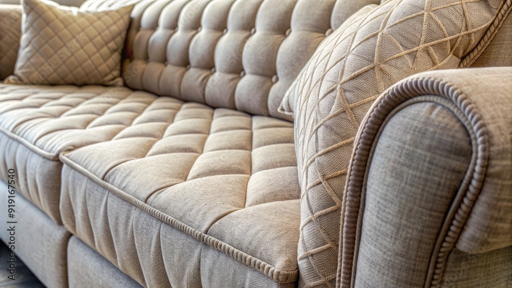 Obraz premium Soft, cushioned couch upholstery fills the frame in a close-up shot, with intricate stitching and subtle texture inviting relaxation and comfort.