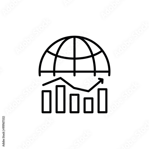 Global business growth icon. A simple vector illustration representing global financial growth with a globe and ascending bar chart. Ideal for use in financial reports. Vector illustration