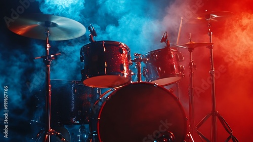 Drum Set in a Smoky Red and Blue Stage Light