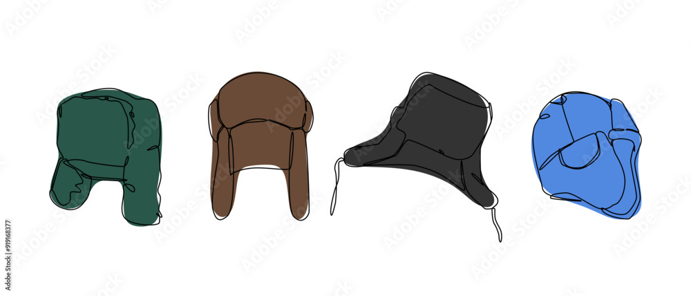Set collection of winter trapper hat, earflaps cap, ushanka russian cap, fur hat. Editable line and colored. Vector illustration. Set collection of winter trapper hat, earflaps cap, ushanka russian cap, fur hat. Editable line and colored. Vector illustration.