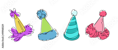Set collection of party hat, birthday hat. Editable line and colored. Vector illustration.